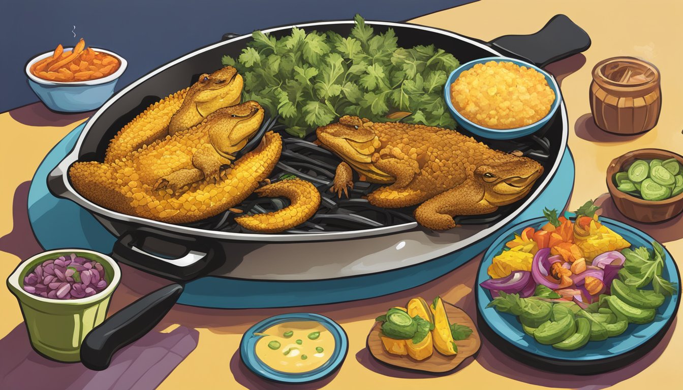 A sizzling skillet of fried alligator surrounded by colorful bayou side dishes