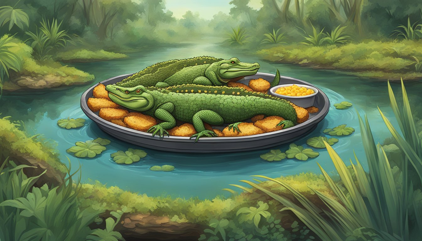 A sizzling platter of fried alligator surrounded by bayou greenery and swamp creatures