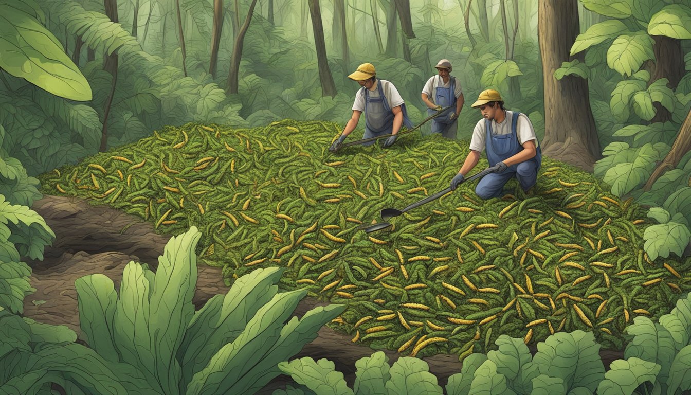 Fried caterpillars being harvested from a lush green forest floor in Africa