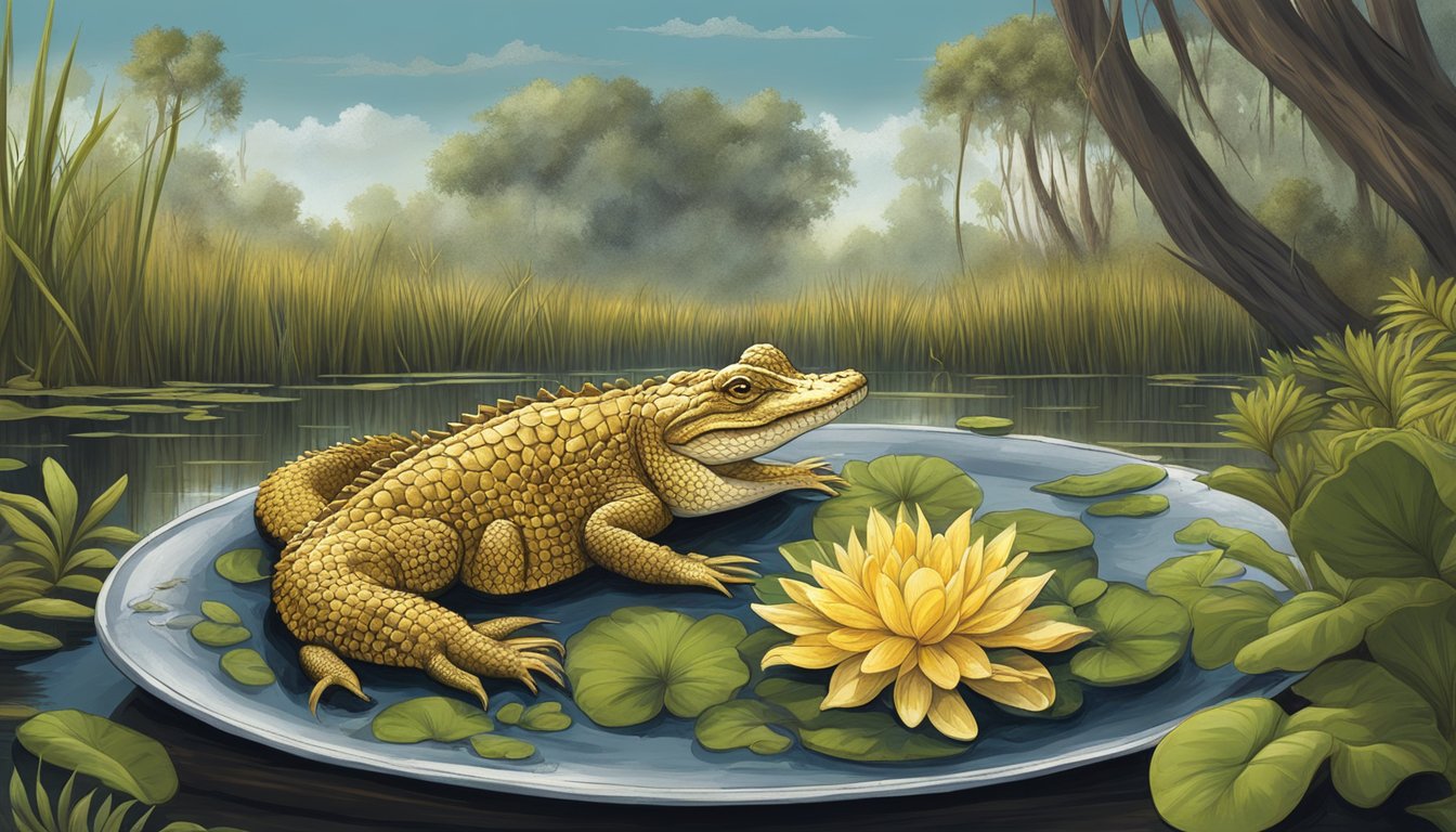 A rustic bayou scene with a plate of golden fried alligator surrounded by swamp flora and fauna