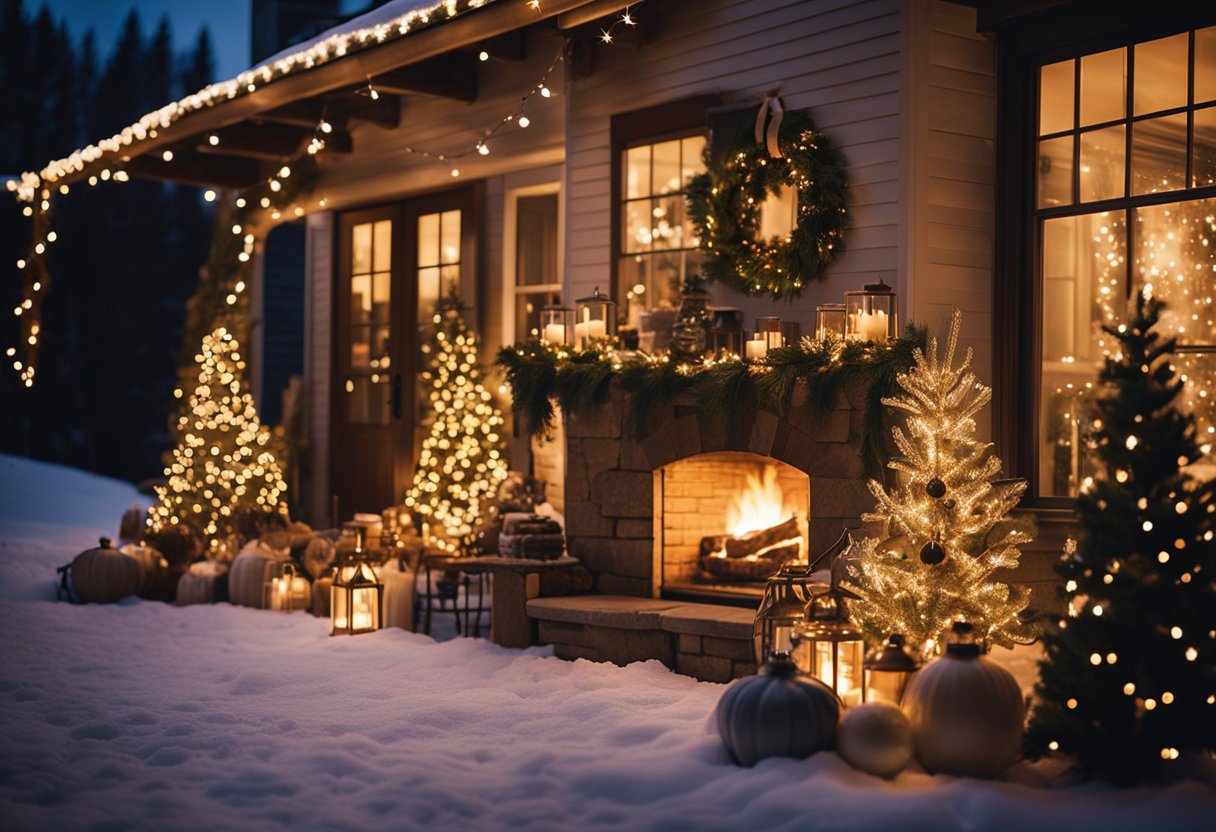 A cozy patio adorned with twinkling lights, wreaths, garlands, and festive ornaments. A glowing fireplace, cozy seating, and a Christmas tree complete the inviting holiday scene