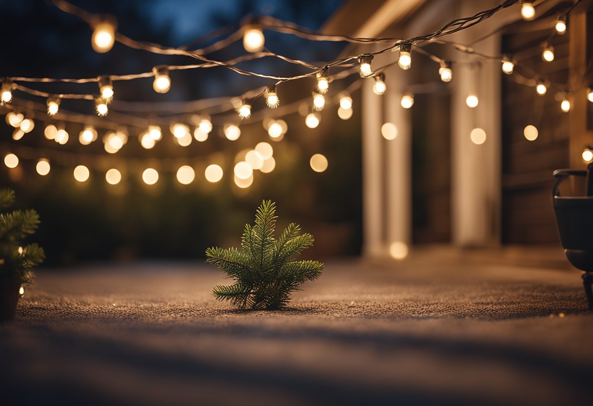 A patio adorned with twinkling Christmas string lights, creating a warm and festive atmosphere