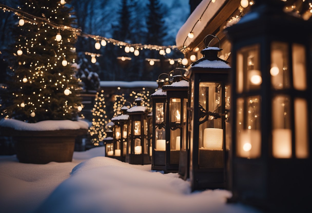 A cozy patio adorned with 16 rustic lanterns, casting a warm and festive glow for Christmas