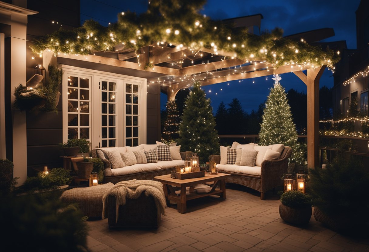 A cozy patio adorned with Christmas pillows, surrounded by twinkling lights and greenery