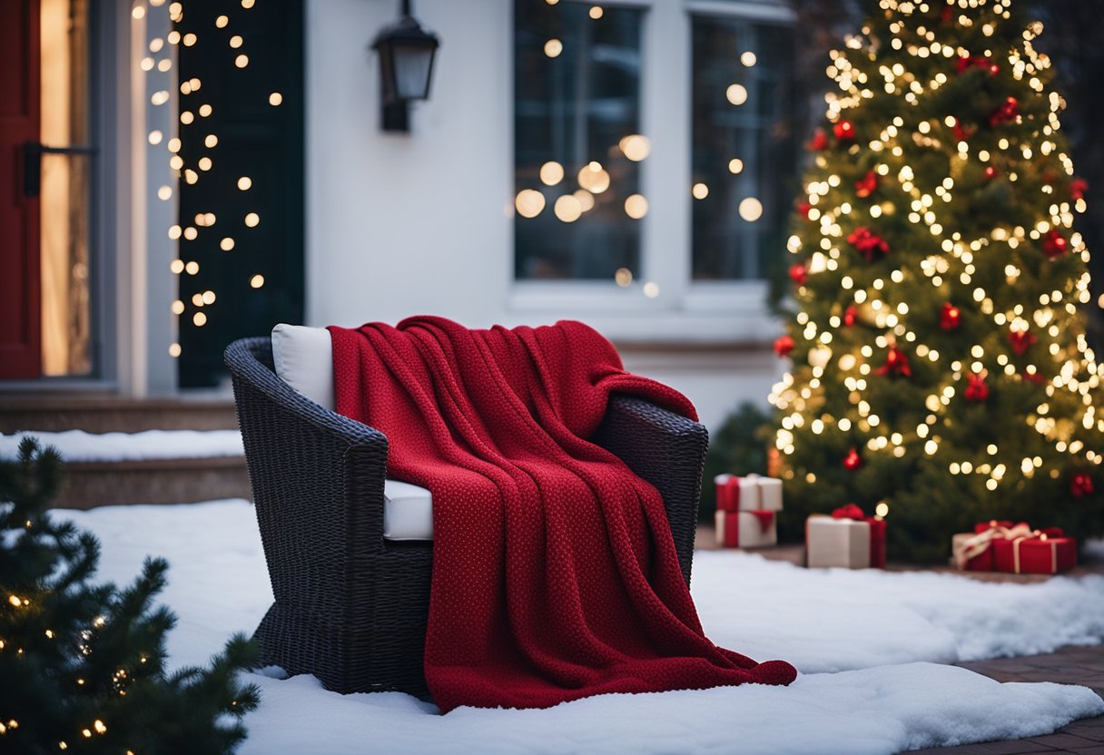 A cozy outdoor patio decorated with red and green throw blankets, surrounded by twinkling Christmas lights and festive greenery