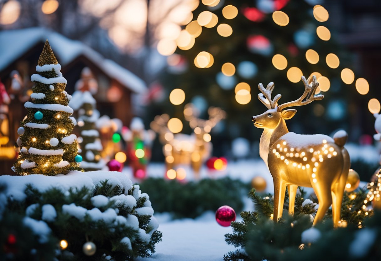 A garden filled with festive statues of Santa, reindeer, and snowmen surrounded by twinkling lights and colorful ornaments