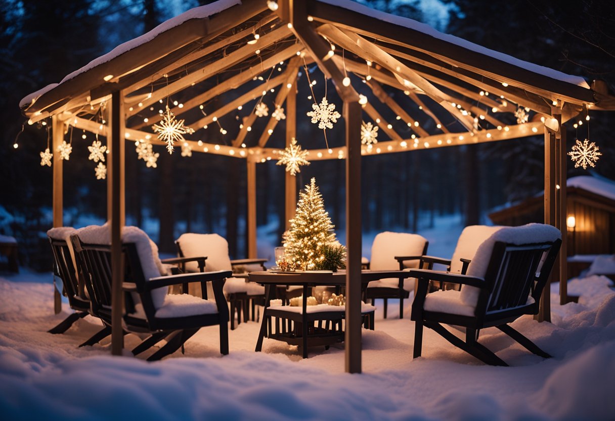 A cozy patio adorned with 16 reindeer silhouettes, illuminated by twinkling Christmas lights, creating a festive and magical atmosphere