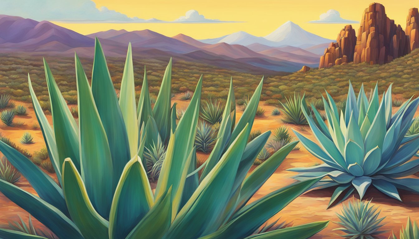 A tequila worm crawls through a vibrant, agave-filled landscape, surrounded by bottles and glasses. Its shiny, iridescent body catches the light, exuding an air of mystery and intrigue