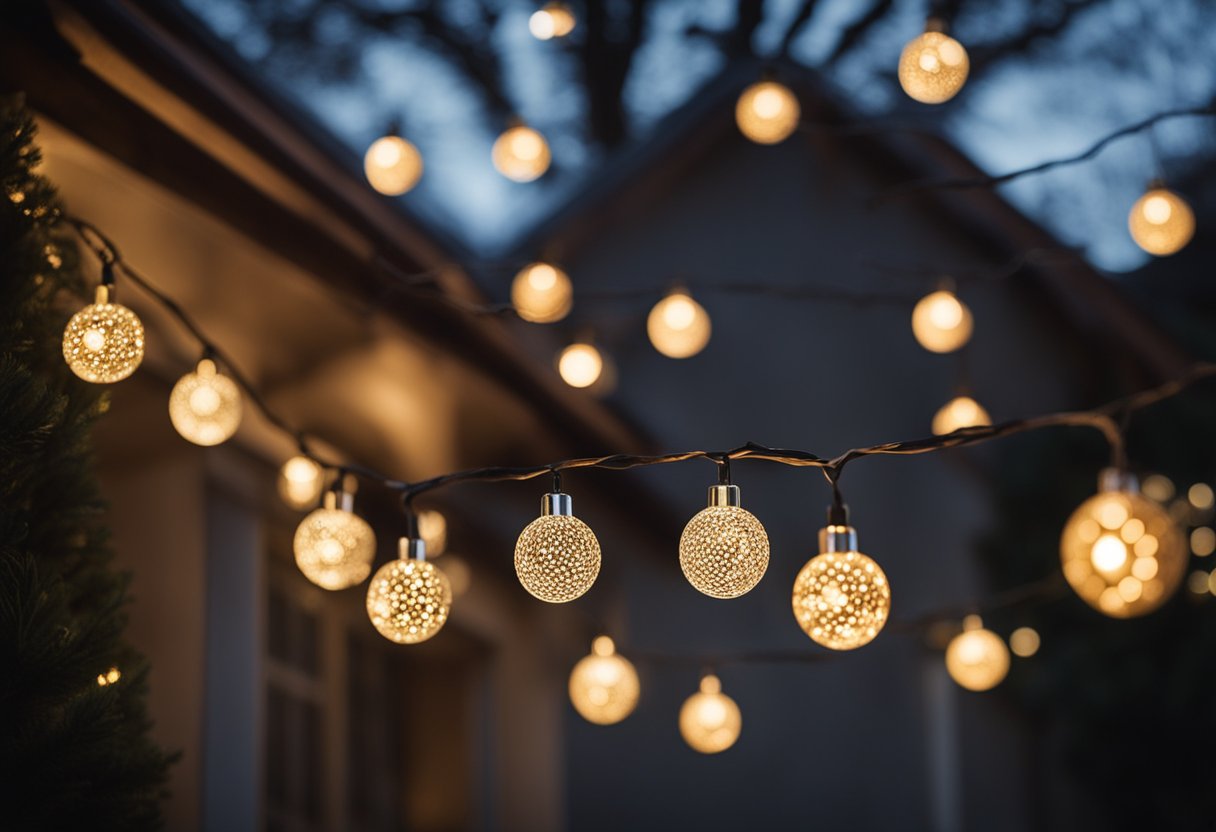 A cozy patio adorned with 16 decorative light projectors, casting a warm and festive glow over the Christmas decorations and creating a magical atmosphere