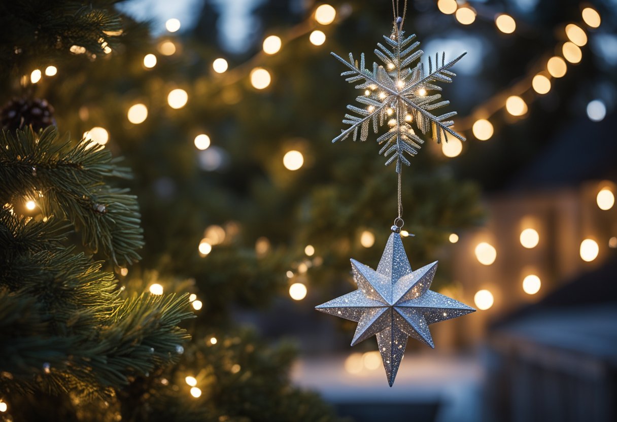 A cozy patio adorned with a variety of Christmas tree toppers, including twinkling lights, festive ornaments, and a starry tree topper