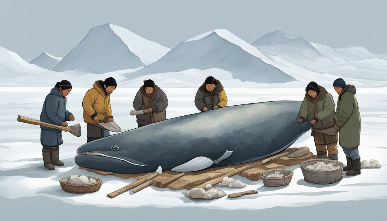 A group of Inuit people gather around a large piece of raw whale skin and blubber, using traditional tools to cut and prepare the muktuk for consumption