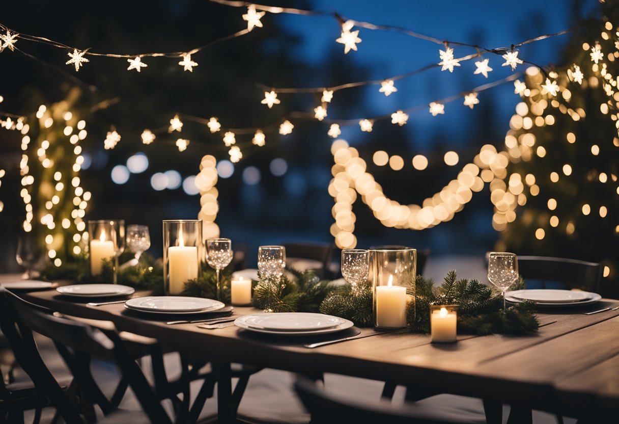 A cozy patio adorned with twinkling lights, wreaths, and garlands. A festive table setting with candles and faux snow accents