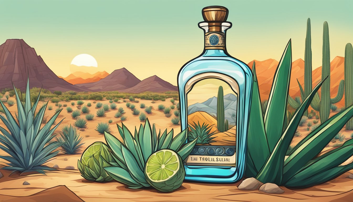 A tequila bottle with a worm inside, surrounded by vibrant agave plants and a desert landscape