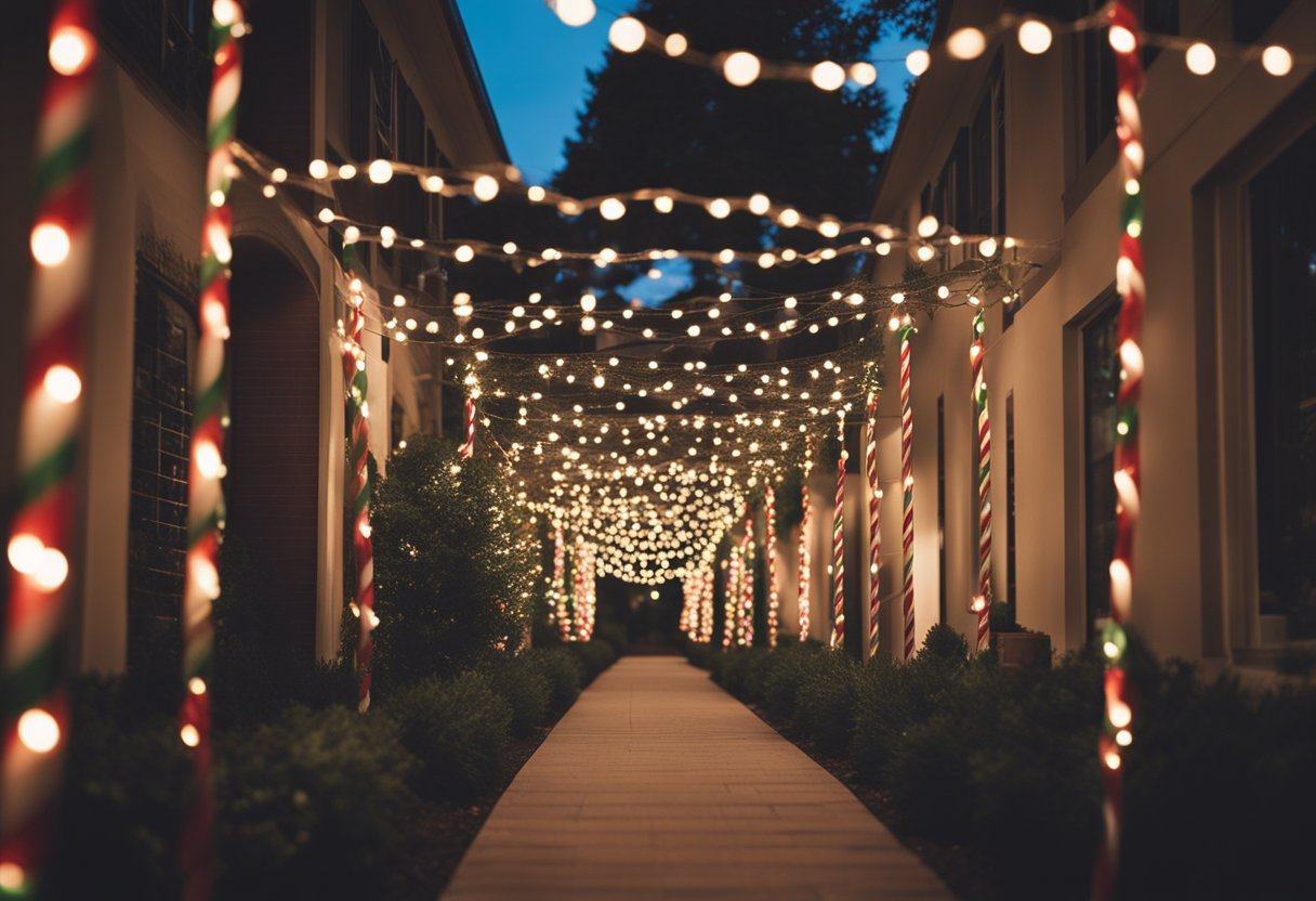 A pathway lined with candy cane lights leads to a festive patio adorned with holiday decorations