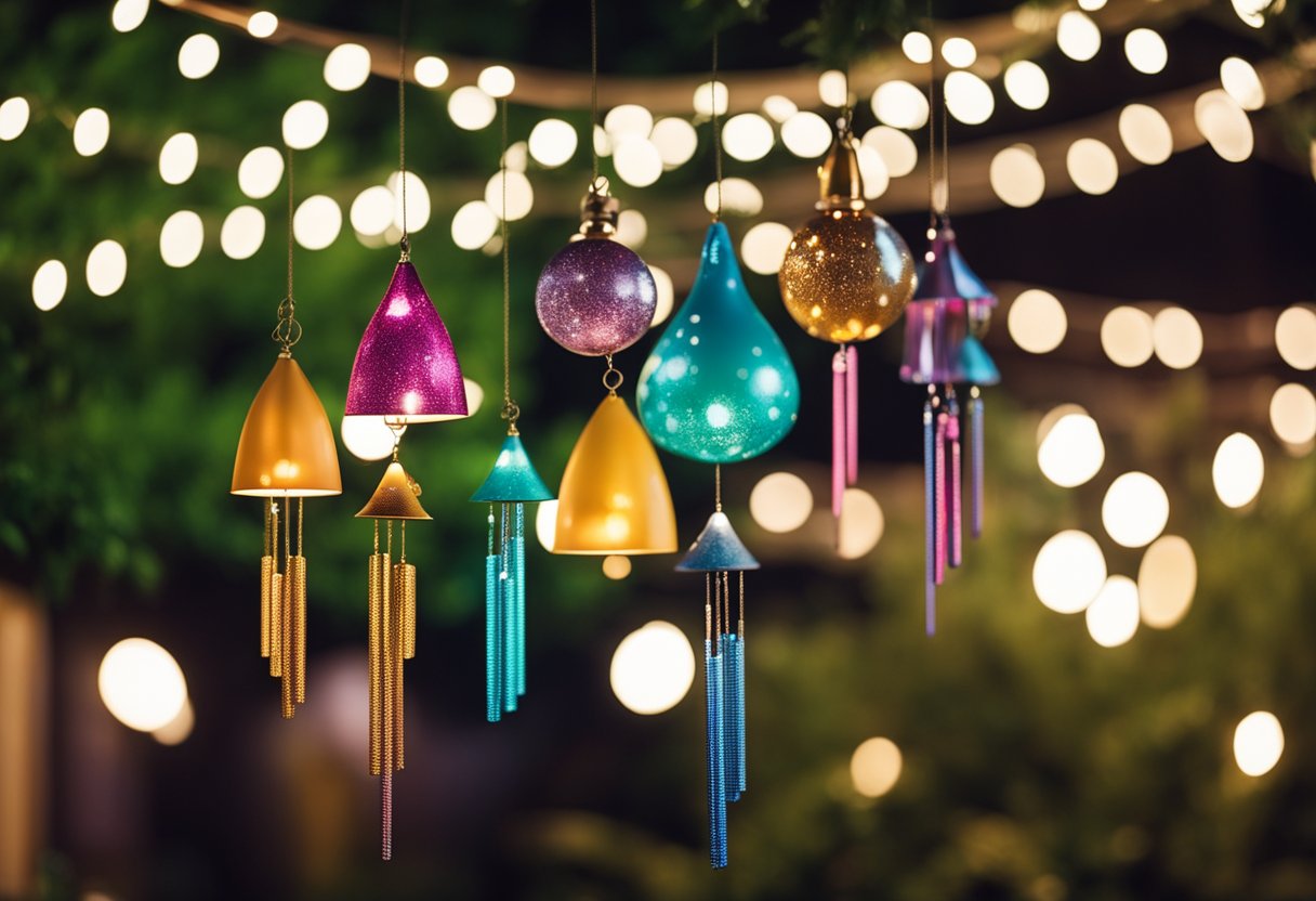 Colorful wind chimes and sparkling ornaments hang from a festive patio, surrounded by twinkling lights and greenery