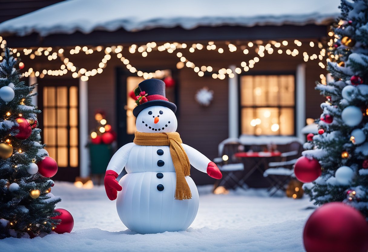 A snow-covered patio with a cheerful inflatable snowman surrounded by twinkling lights and other festive decorations