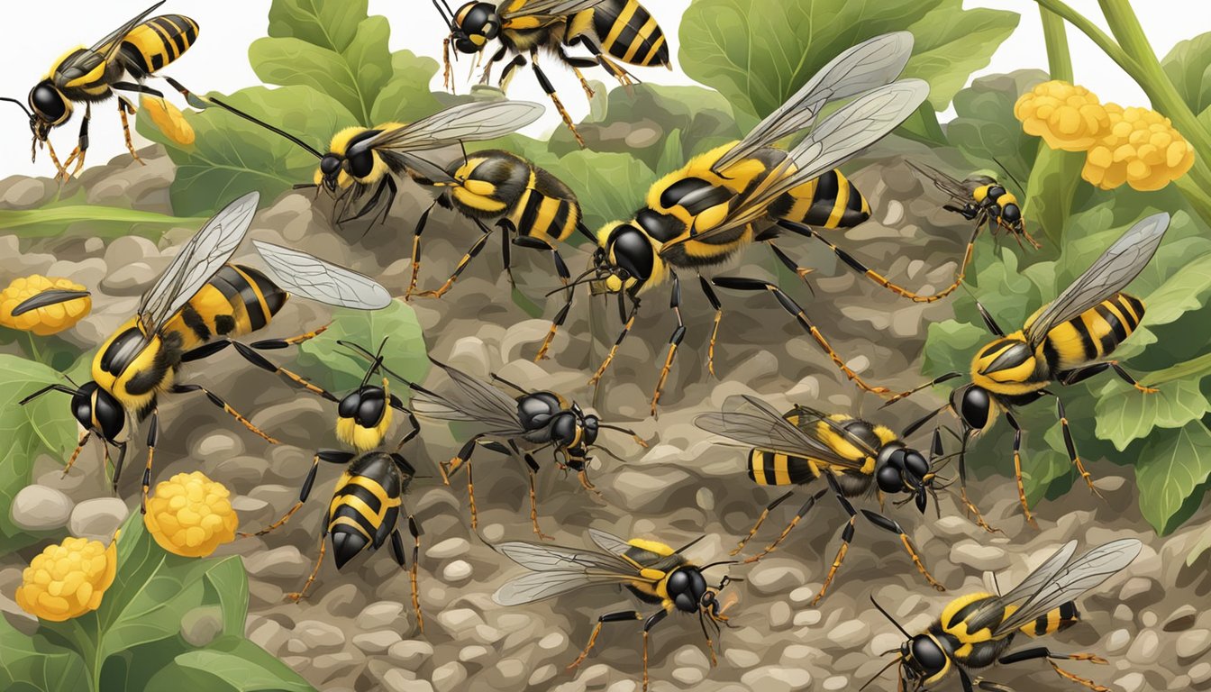 A group of digger wasps collecting and carrying a variety of insects to their underground nest, with a focus on a wasp carrying a cricket