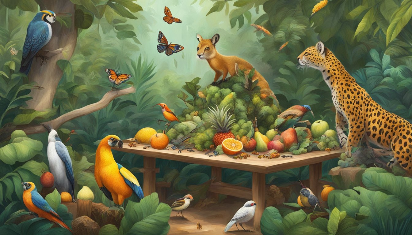 A forest clearing with various exotic animals, fruits, and insects displayed on a makeshift table, surrounded by curious onlookers