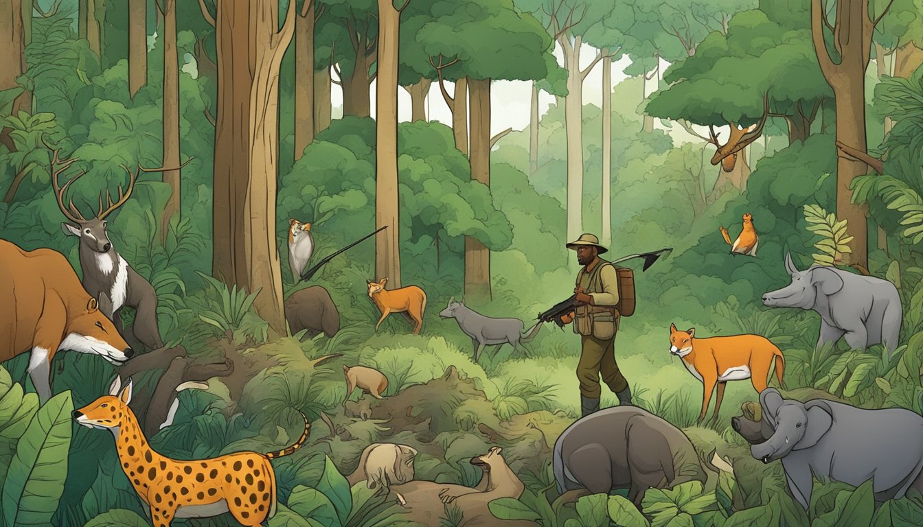 A forest scene with various animals and plants, including a hunter capturing wild animals for bushmeat consumption