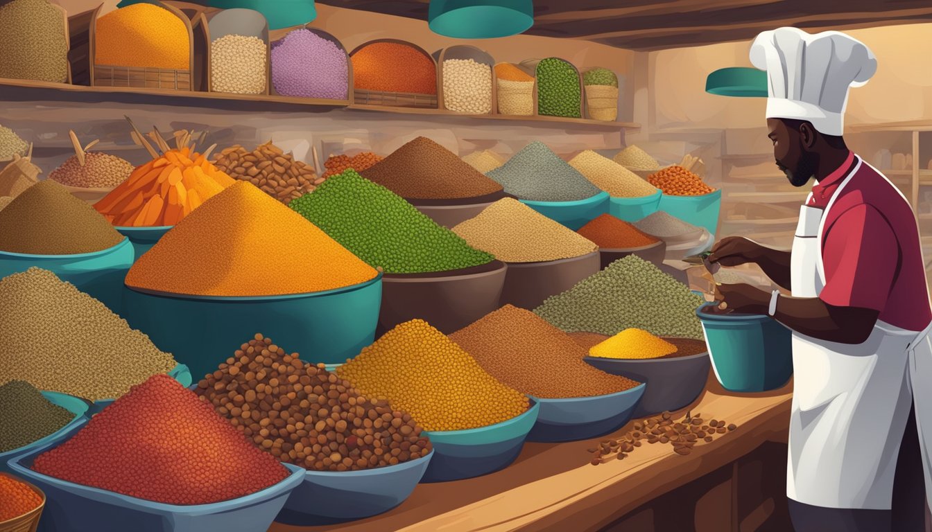 African market stall with colorful spices and baskets of stink bugs. A chef preparing traditional dishes with the unique insect as a key ingredient