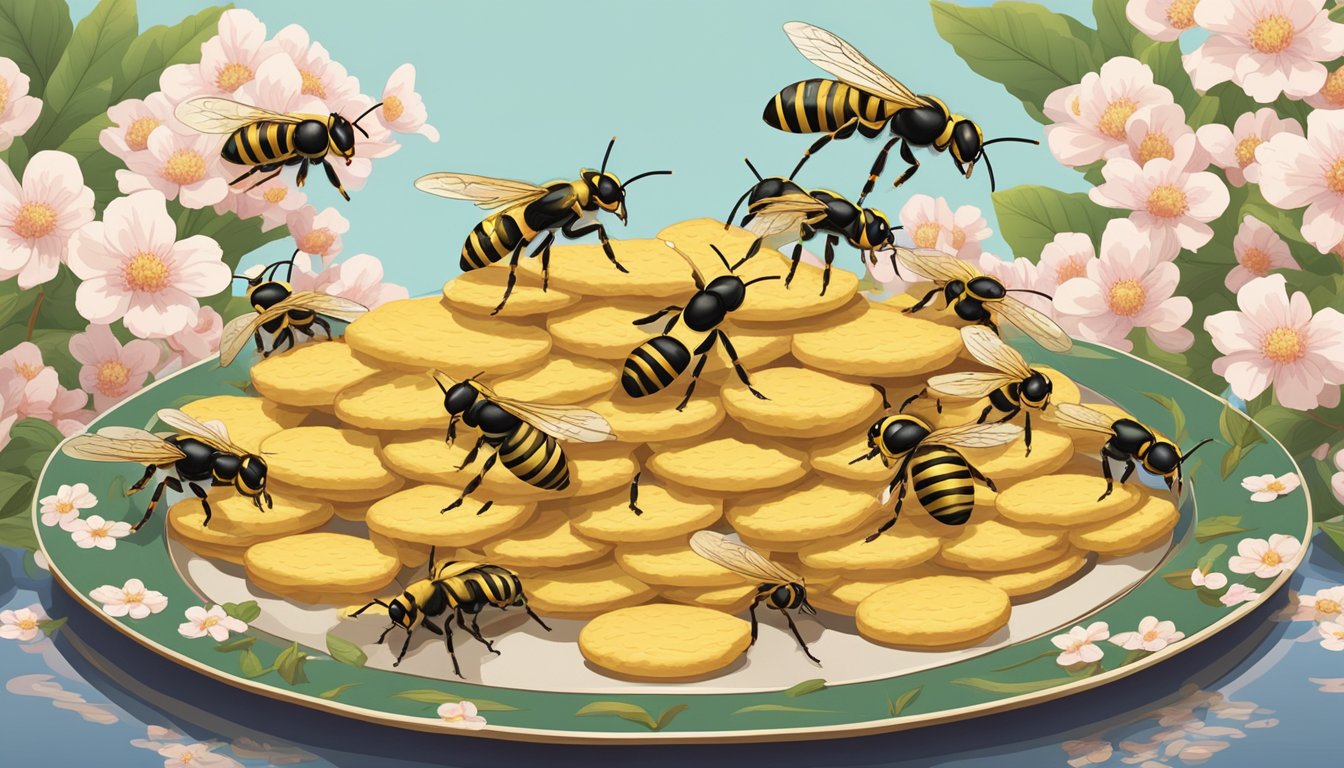 A plate of wasp crackers, with a swarm of wasps buzzing around, set against a traditional Japanese backdrop