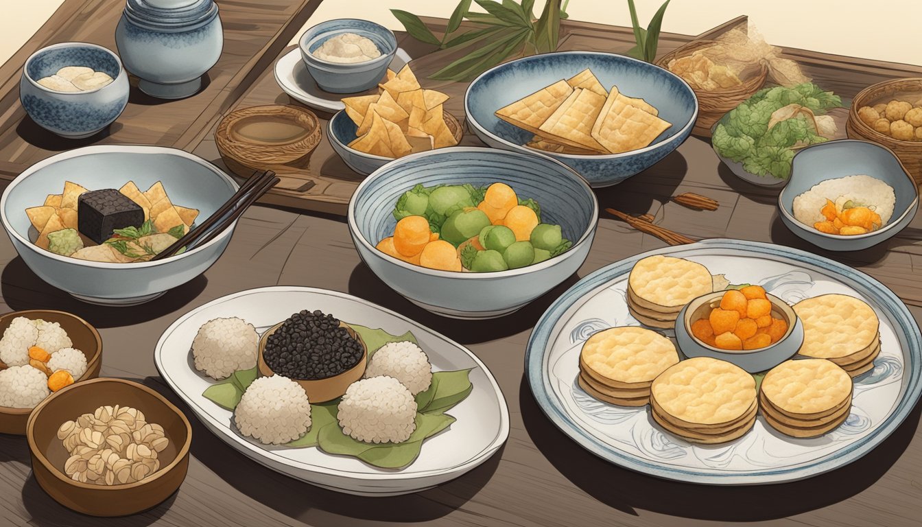 A plate of wasp crackers surrounded by other traditional Japanese delicacies, showcasing the unique and daring nature of this culinary adventure