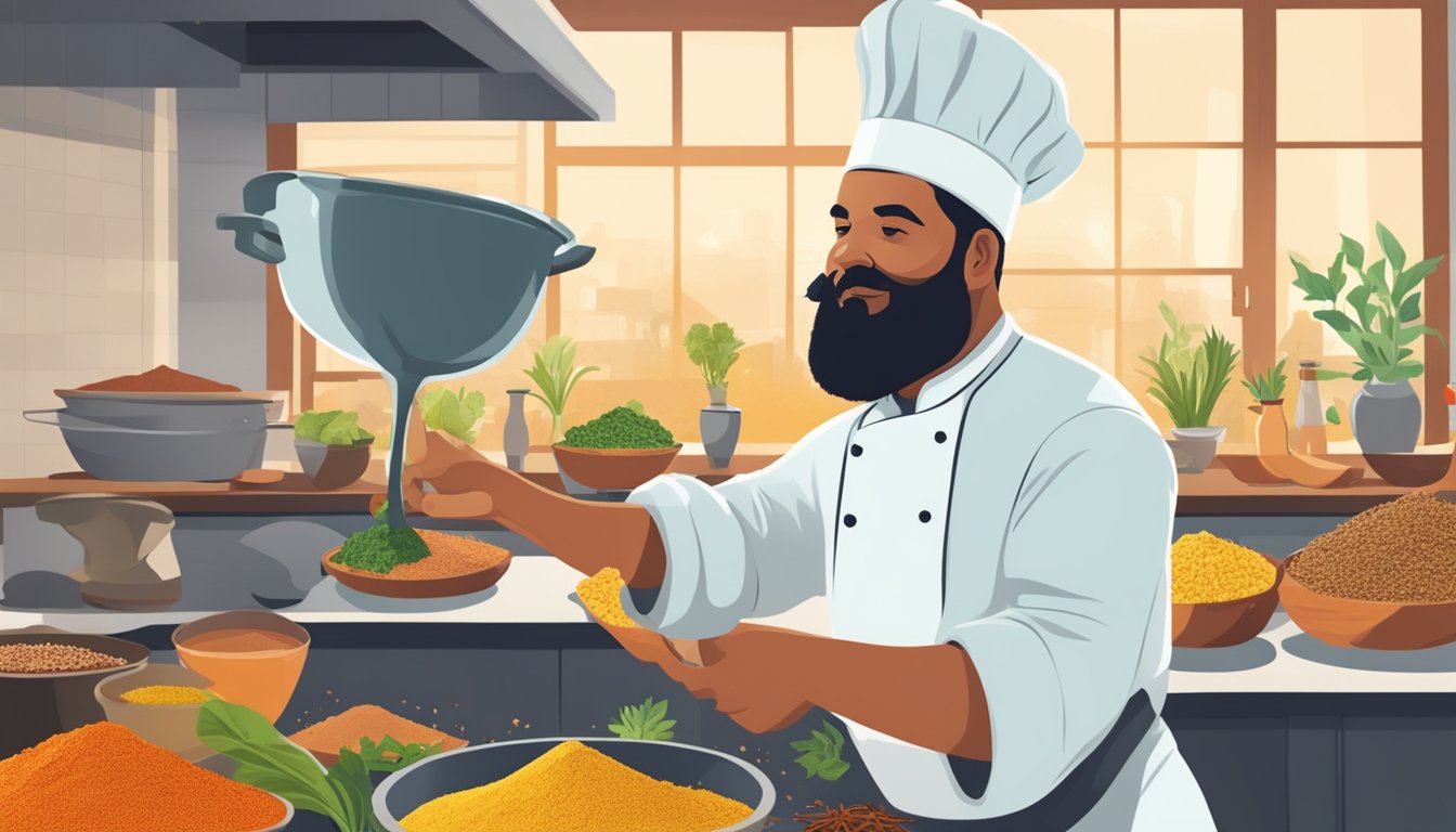 A chef mixing exotic ingredients like umbut with vibrant spices and unique cooking techniques in a bustling kitchen