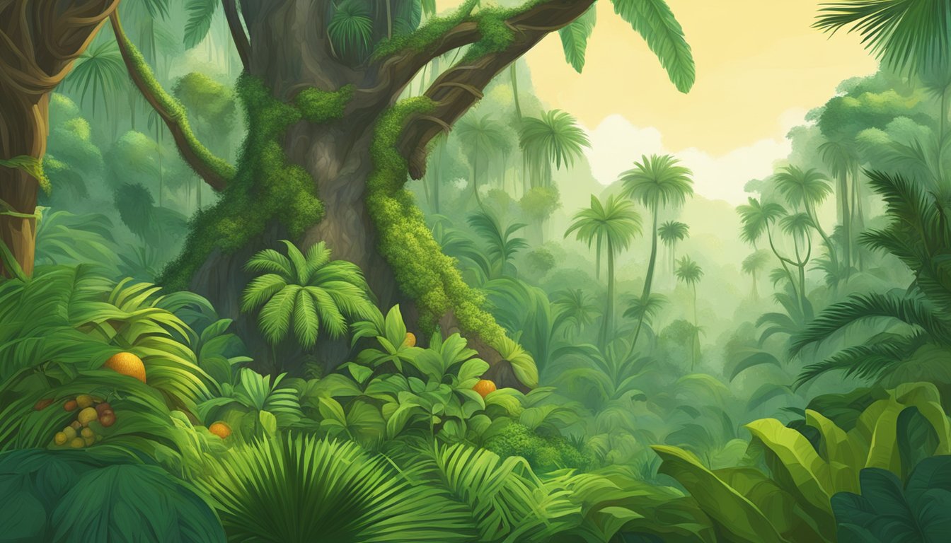 A lush rainforest with towering palm trees, vines, and exotic fruits. A native foraging for umbut, a strange, bulbous plant growing from the base of the tree