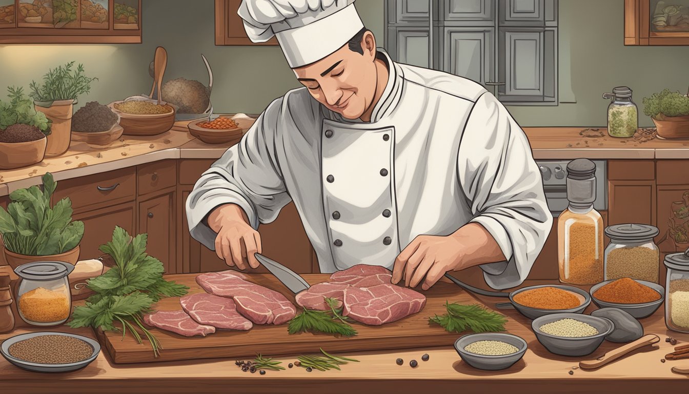 A chef preparing rat meat on a cutting board, surrounded by various spices and ingredients, with a sign explaining the cultural significance of rodent cuisine