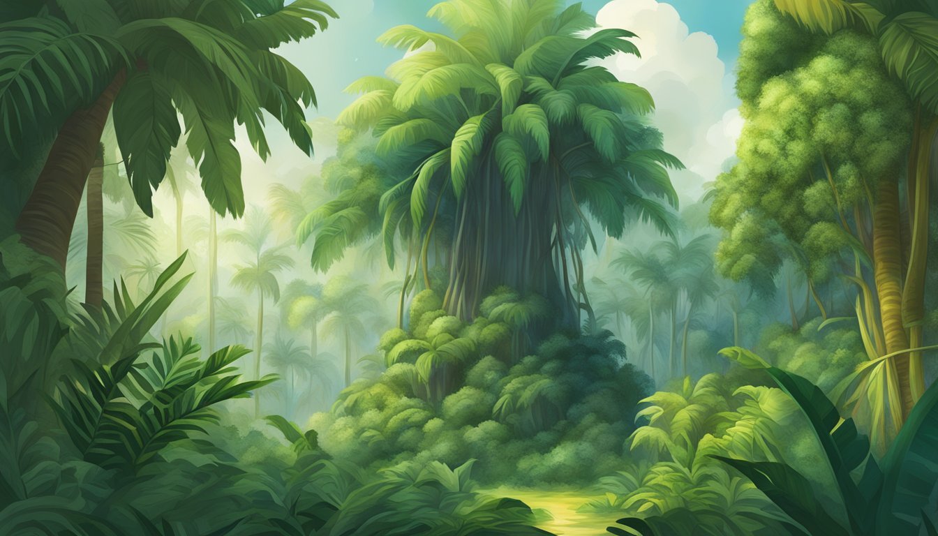 A lush rainforest with a towering palm tree, its crown filled with clusters of umbut, a sustainable and ethical delicacy