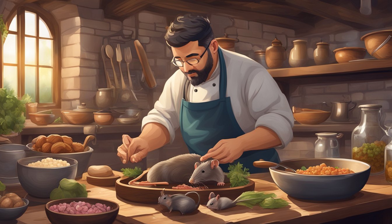 A chef preparing a rat meat dish in a rustic kitchen, surrounded by cultural artifacts and ingredients for rodent cuisine