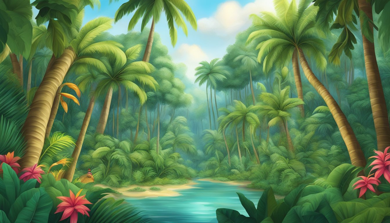 A tropical forest with a cluster of tall palm trees bearing umbut fruits, surrounded by lush green foliage and vibrant wildlife