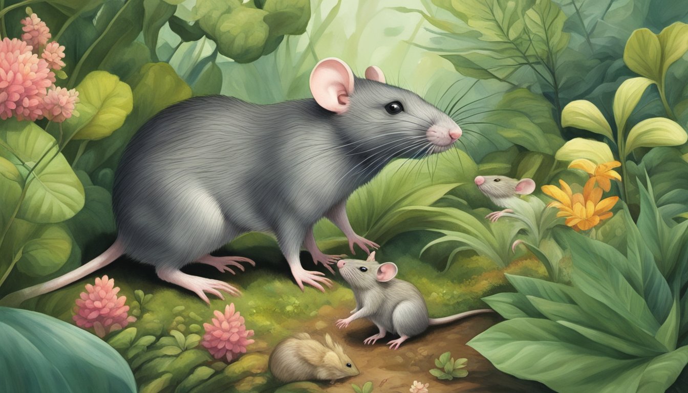 A rat scurries through a lush forest, surrounded by diverse flora and fauna. The rat is surrounded by other rodents and small animals, creating a scene of natural abundance