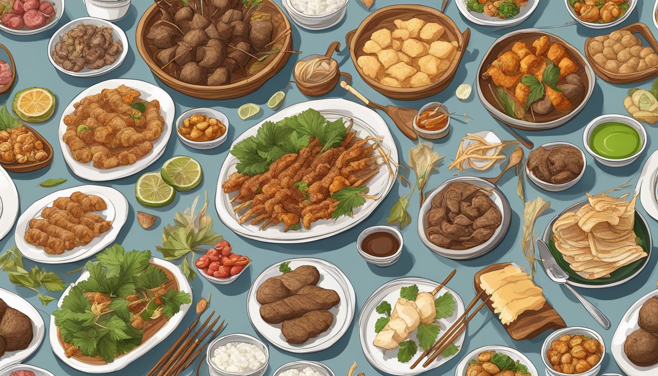 A table set with a variety of rodent dishes, including rat meat skewers and cultural delicacies from around the world