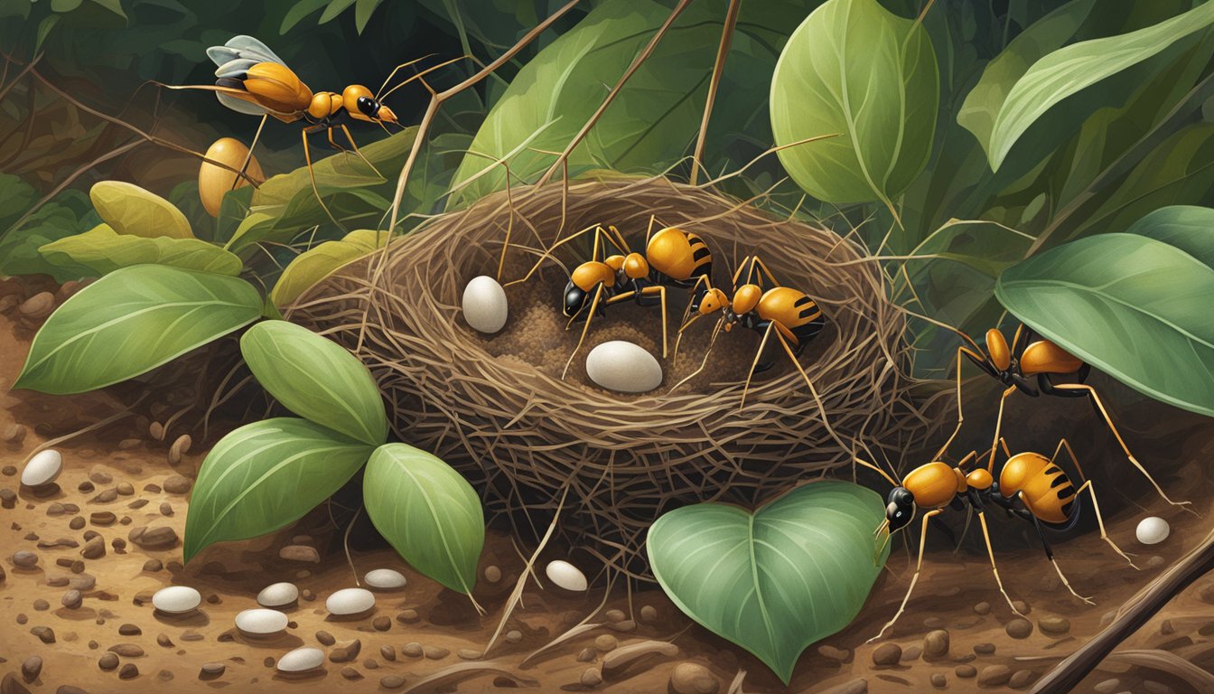 A group of weaver ants busily tending to their nest, with eggs scattered around on the forest floor