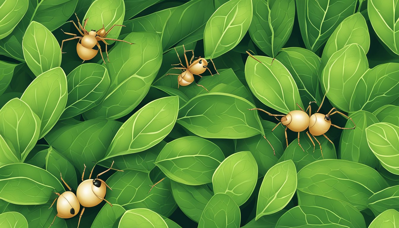 A close-up of weaver ant eggs nestled in a bed of green leaves, with a few ants crawling nearby