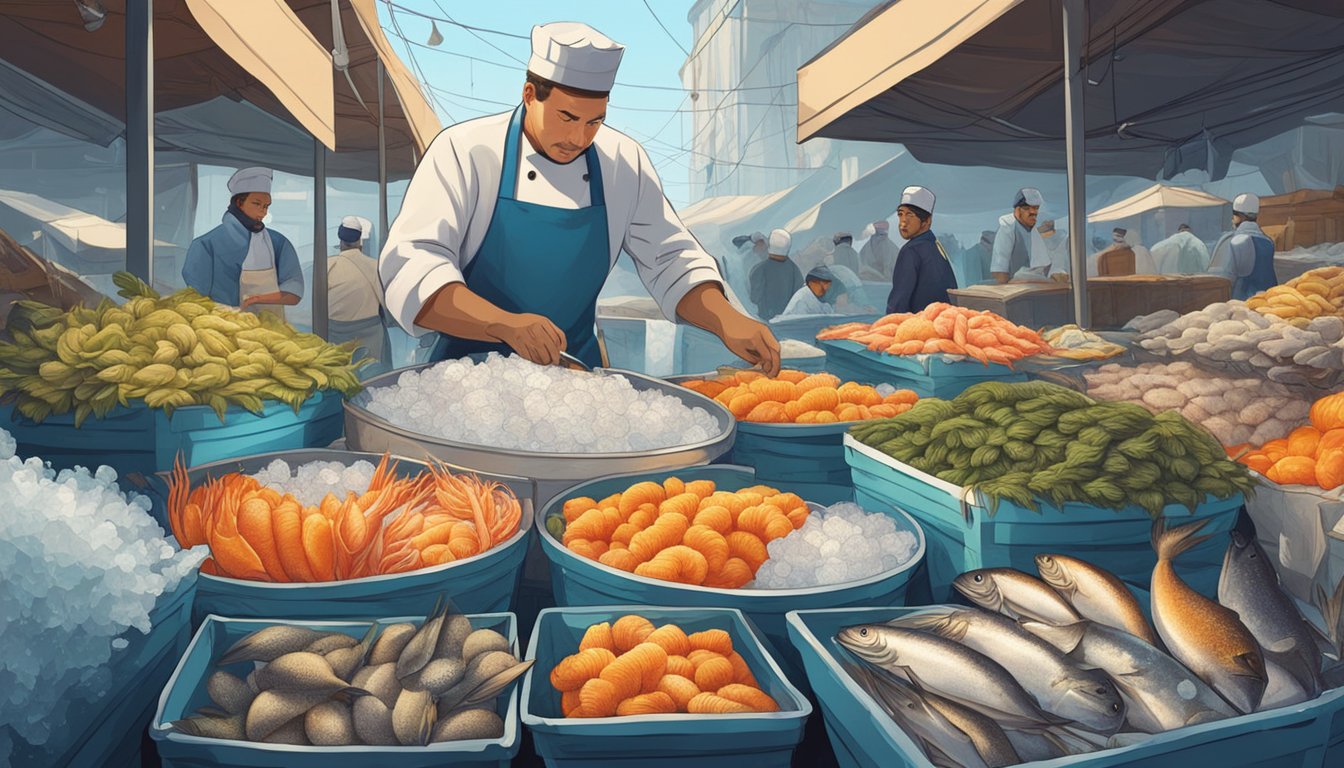 A chef carefully selects fresh uni from a bed of ice, surrounded by other vibrant seafood at a bustling fish market