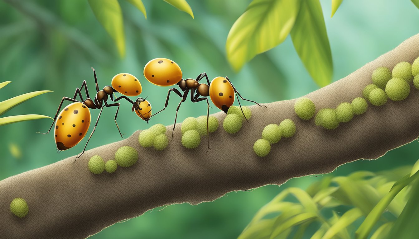 A close-up of weaver ant eggs being collected from a tree branch in a tropical forest