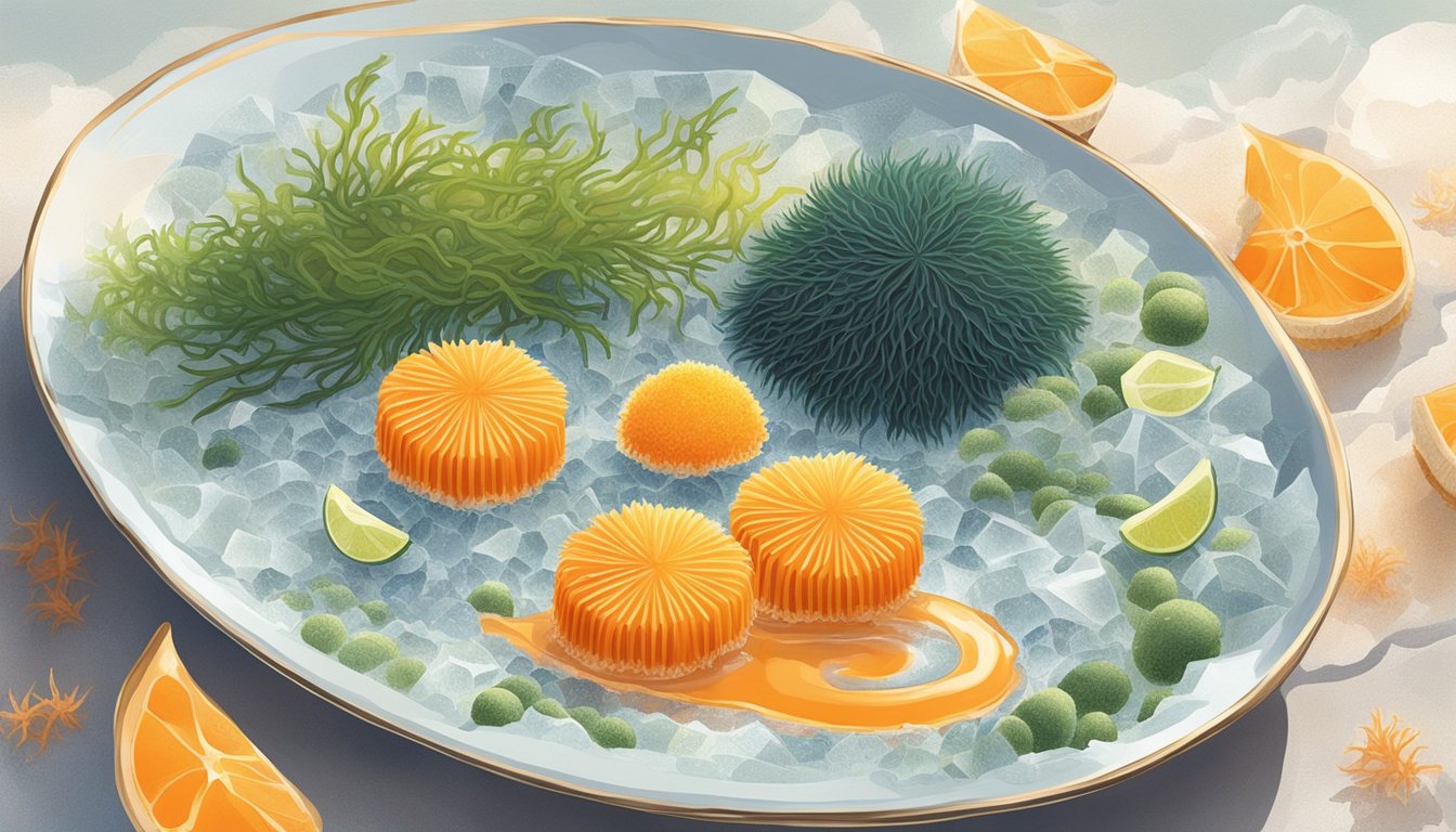 A platter of fresh uni, surrounded by seaweed and garnished with wasabi, sits on a bed of ice. The vibrant orange sea urchin roe glistens in the light, showcasing its unique texture and delicate flavor