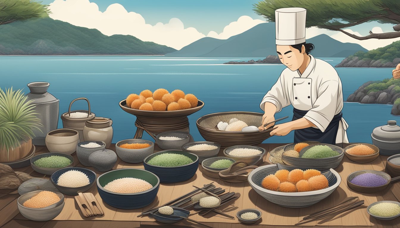 A Japanese chef carefully prepares fresh sea urchin, surrounded by traditional cooking utensils and a serene coastal backdrop