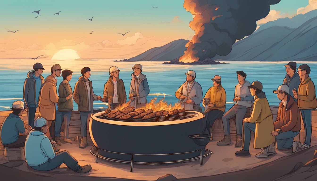 A group of people gathered around a large fire, roasting chunks of whale meat on skewers, with the ocean in the background