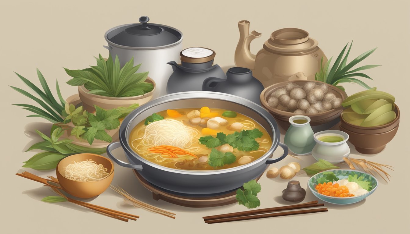 A traditional Chinese kitchen with a simmering pot of bird's nest soup, surrounded by exotic ingredients and delicate utensils