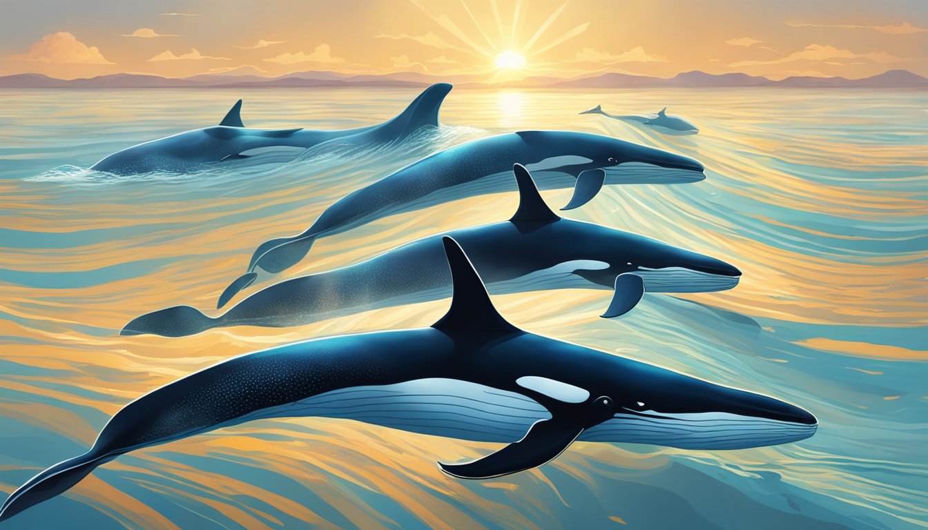 A pod of whales swims peacefully through the ocean, their sleek bodies glistening in the sunlight