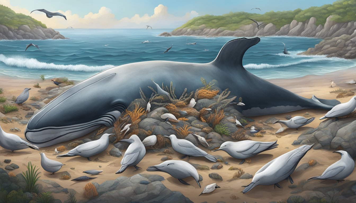 A whale carcass lies on a rocky shore, surrounded by scavenging seabirds and small marine creatures