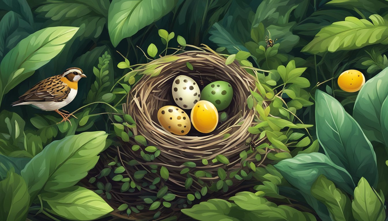 A small nest with quail eggs surrounded by vibrant green leaves and a scattering of small insects