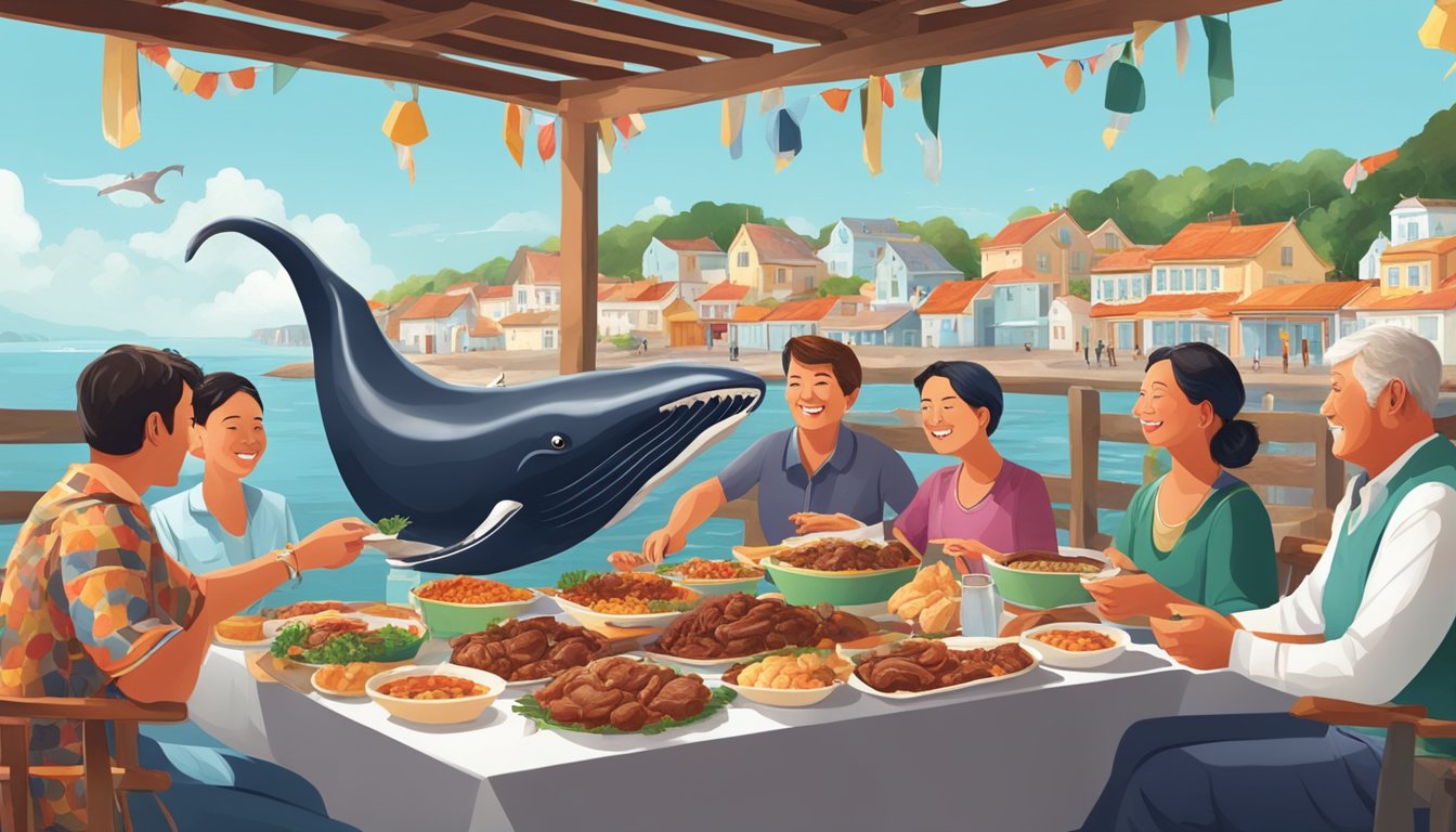 A group of people in a coastal town enjoying a meal of whale meat at a traditional feast