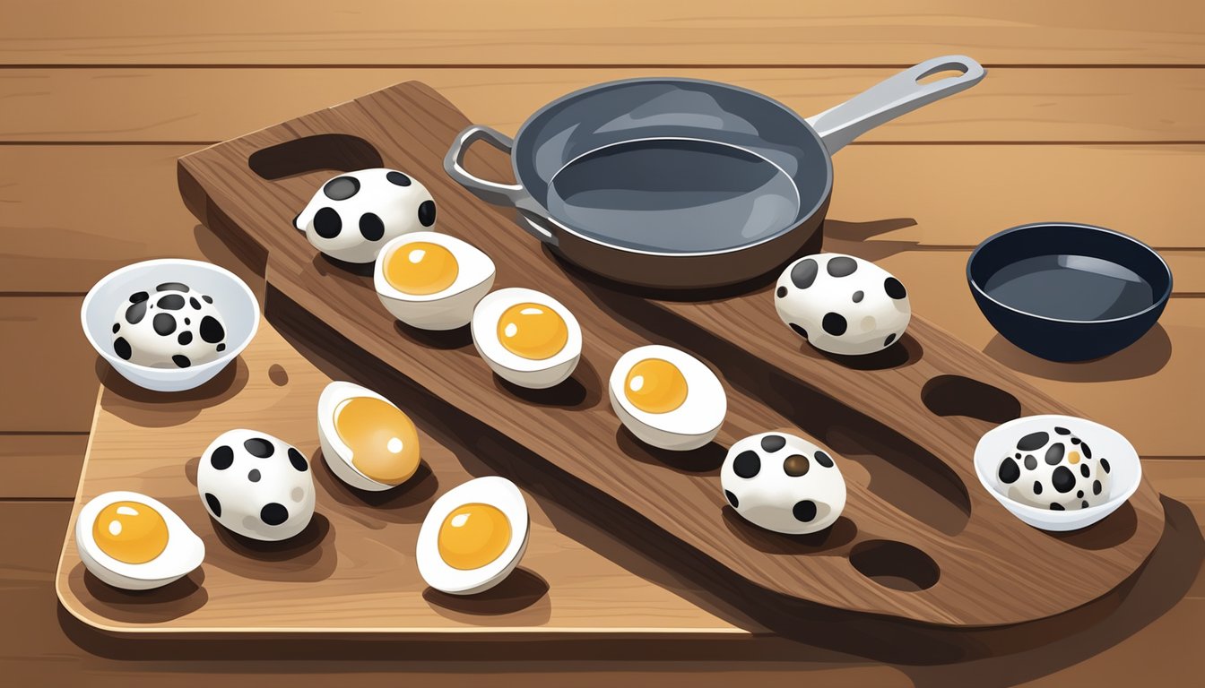 Quail eggs arranged on a wooden cutting board next to a small bowl of salt and a whisk, with a frying pan and a small pot in the background