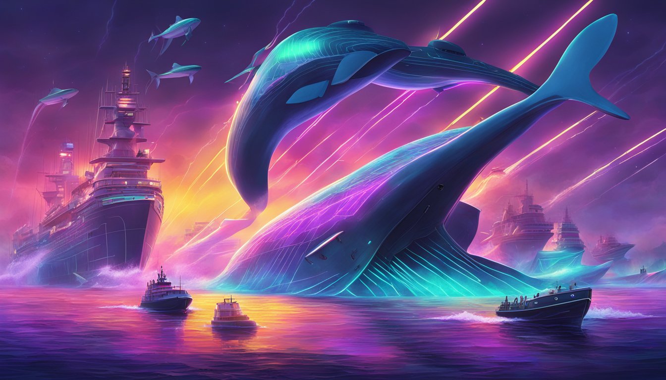 A group of futuristic whaling ships hunt a massive, sleek whale in a neon-lit, technologically advanced ocean