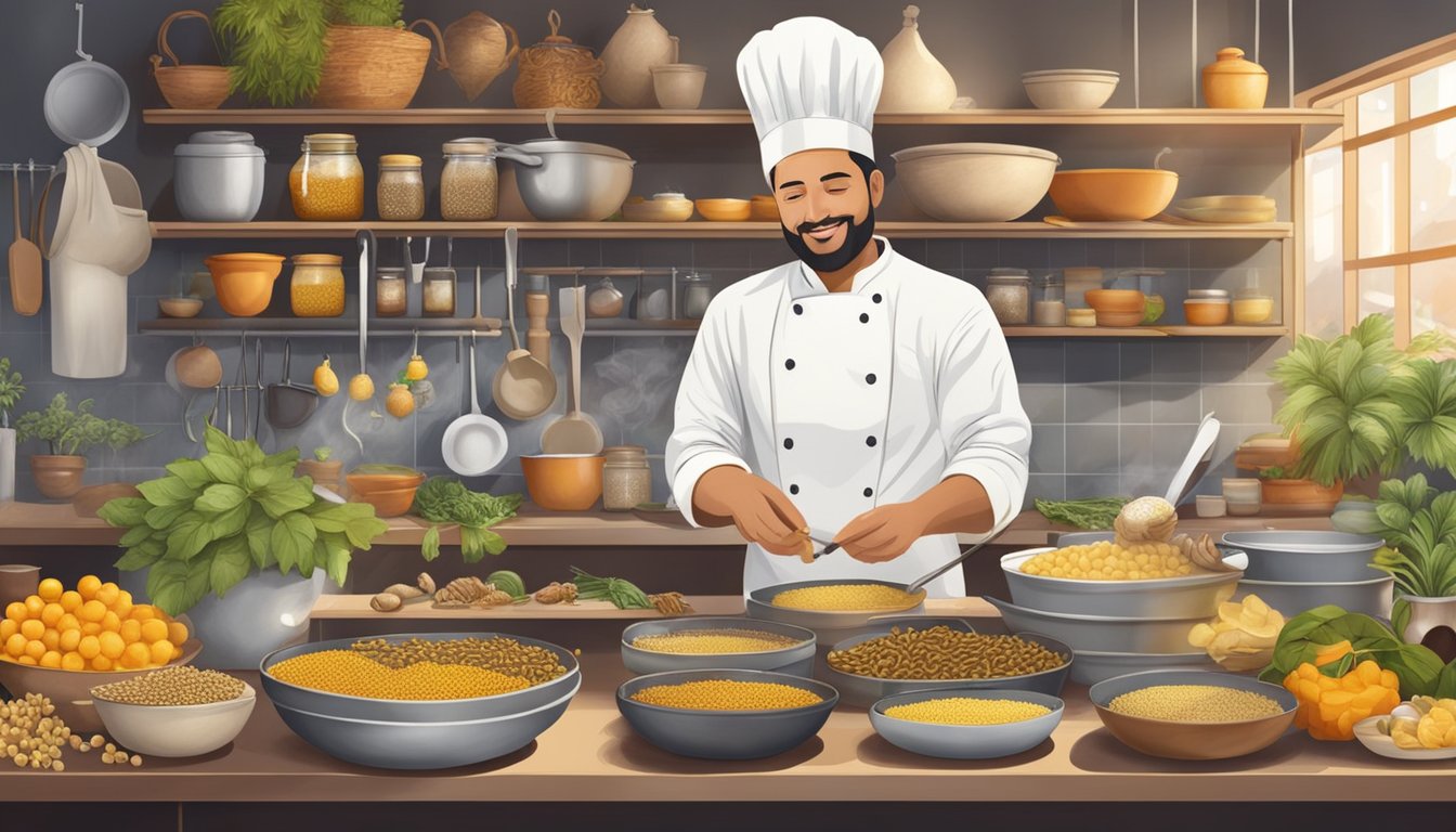 A chef prepares bee larvae delicacies in a bustling kitchen, surrounded by exotic ingredients and cooking utensils from around the world