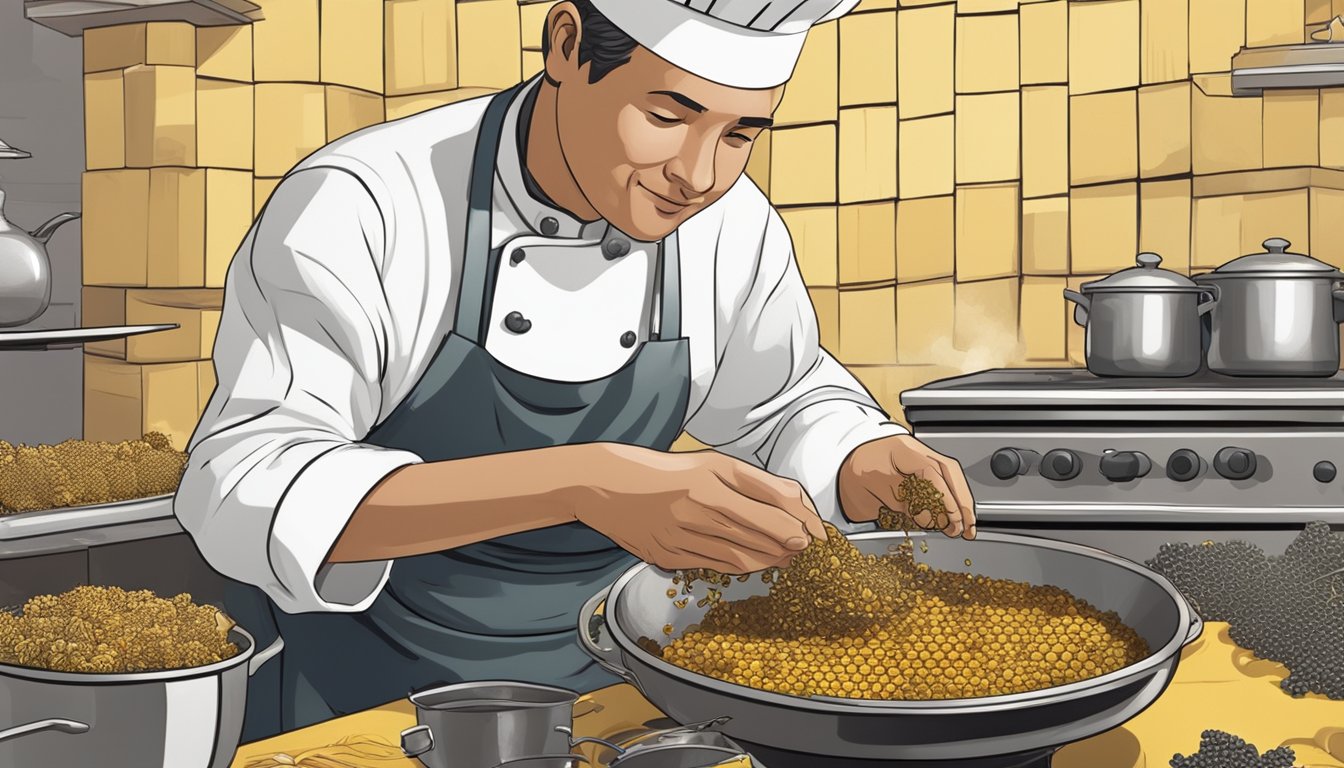 A chef carefully selects bee larvae from a honeycomb, while a pot of boiling water simmers on the stove. A platter of cooked insects sits nearby, ready to be served as a delicacy